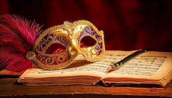 On a dimly lit desk, a Venetian mask reclines atop a folded script. A quill lies across the lines, hinting at the unseen stories born in shadows before they meet the stage. photo