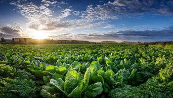 A wide view of a lush green field with rows of cabbage and kale growing under a dramatic sky with the sun rising or setting on the horizon. The agricultural landscape suggests a bountiful harvest photo