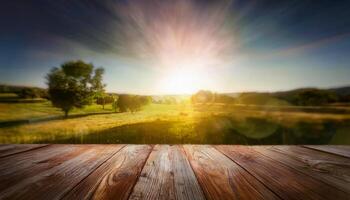 An empty rustic wooden table in the foreground with a glowing, blurred background of an abstract landscape and radial light streaks, evoking a sense of motion and dreamlike wonder. photo