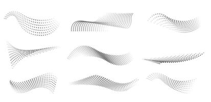 Dotted halftone waves. Abstract liquid shapes, wave effect dotted gradient texture waves isolated symbols set. Halftone graphic dots waves. Wave dotted halftone, creative shape abstract vector