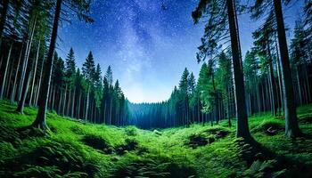 Forest at night, moon glows above tall trees, starry sky. green ferns line a winding path. mystical and serene atmosphere. shadows and moonlight. a peaceful nightscape. wander into the woods. photo