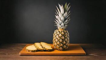Whole pineapple with fresh slices on rustic table against dark moody background. photo