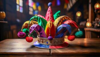A vibrant and elaborate jester hat with multiple colorful points in red, green, yellow, blue, and purple velvet, each tipped with a fluffy pompom, resting on a wooden table in a softly lit photo