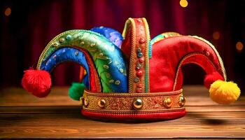 A jester's hat with pom-poms sits on a wooden table, bringing the essence of laughter and playful fun to the scene. photo