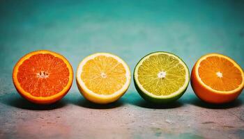 Fresh sliced citrus fruits on rustic table with bright colorful summer lighting. photo