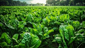 A lush field of spinach and lettuce grows under a bright sky, symbolizing healthy crops and abundant harvests in a rural landscape. photo
