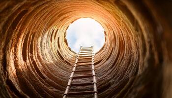 A deep well with a single rope ladder leading up to a bright, warm sky, symbolizing the way out of darkness. photo