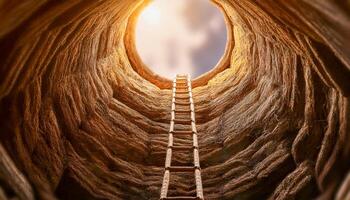 A narrow rope ladder stretches from the depths of a silent well to the glowing sky above each rung a choice, each step upward a fight toward freedom, light, and inner renewal. photo