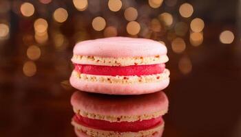 Stack of pink and cream macarons with soft festive lights on rustic table. photo