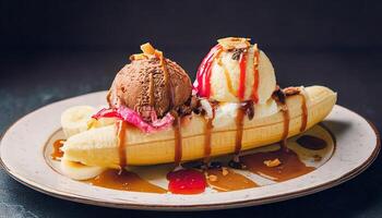 Banana split dessert with three scoops of ice cream, syrup and topping on white plate photo