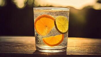 Glass of orange and lemon water on table photo