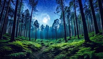 A dense forest under a starry sky, bathed in soft moonlight, with no artificial lights visible, highlighting the beauty of untouched nature. photo