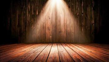 The old theater breathes in silence. One spotlight casts a circle of light on scuffed wood, where every creak and shadow tells of performances long past and moments held in memory. photo