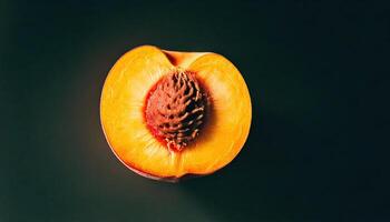 Fresh peach cut in half showing juicy flesh and pit on rustic dark background. photo