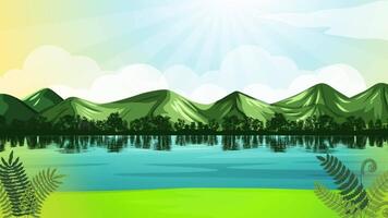 Calm Lake with Bright Sky, Clouds, and Mountain Background video