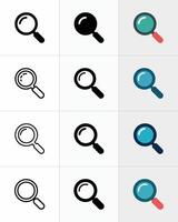 Magnifying Glass Set Line, Solid Black, and Color Icons on a White Background vector
