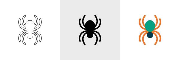 Simple Spider Set with Outline, Silhouette, and Colorful Design on White Background vector