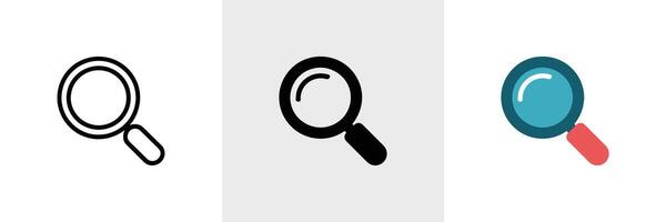 Magnifying Glass Icons Set in Line Art, Silhouette, and Full Color Style vector