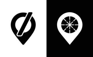 Location Icon Set Inverted, Black Map Pin with Slash, White Navigation Pin with Wheel vector