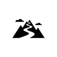 Black and White Icon of Mountains with Winding Path and Clouds Silhouette vector