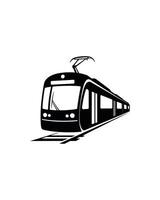 Black and White Illustration of a Modern Tram on Tracks with Overhead Wires vector