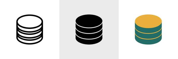 Database Icon Set Stacked Disks in Line Art, Solid, and Color on White Background vector