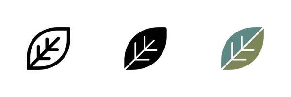 Leaf Icon Set in Flat Design, Black Outline and Green abd Blue Color Isolated vector