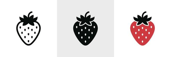 Three Strawberry icons on white background, in black and red color. Freshness vector