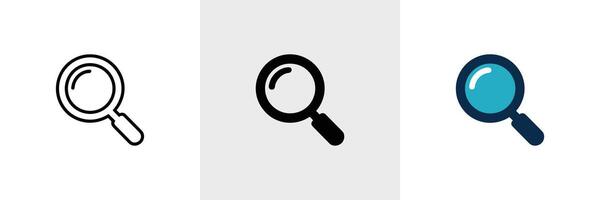 Magnifying Glass Icons Outline, Solid Black and Blue Version on White Background vector