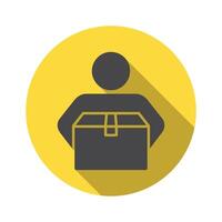 Icon of Person Carrying Cardboard Box on Yellow Circle with Shadow Effect vector