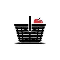 Isolated Black Picnic Basket with a Single Red Apple, Wicker Style Design vector