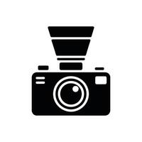 Black and White Silhouette Illustration of a Camera with Lens and Flash Attachment vector