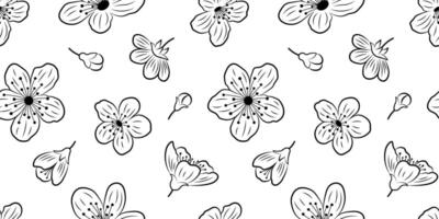 Seamless pattern with black outlines of sakura flowers and buds on a white background for textile, fabric, wrapping paper. Botanical pattern with cherry blossom. vector