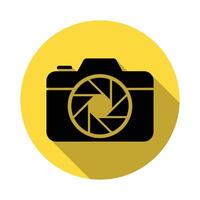 Black Camera Icon with Aperture on a Yellow Circle with Shadow Effect vector
