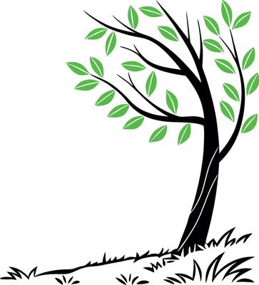 Green Leaves and Wind Bending a Tree in Silhouette Style
