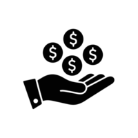 A black silhouette of an open hand is depicted with several dollar coins floating above it, symbolizing financial gain or monetary transactions. cutouts png