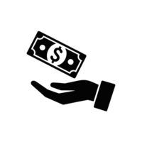 A silhouette of an open hand is depicted with a dollar bill hovering above it, suggesting a concept related to financial transactions. cutouts png