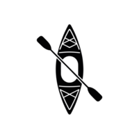 A black silhouette of a kayak is positioned vertically with a paddle crossing diagonally over it. cutouts png