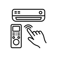 A simple black icon depicts a hand interacting with a remote control device below an air conditioning unit. cutouts png