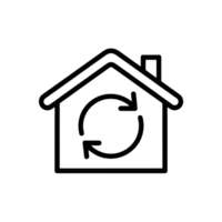 A simple line drawing depicts a house with a circular arrow inside, suggesting concepts of recycling or renewal within the home cutouts png