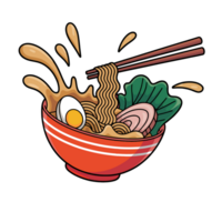 A colorful bowl of ramen is shown with noodles being lifted by chopsticks, causing a splash of broth. cutouts png