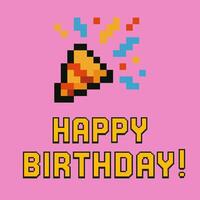 Pixel art Happy Birthday greeting card with party popper and colorful background vector