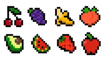 Set of pixelated fruits in retro style isolated on white background vector