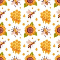 Seamless pattern featuring bees, honeycombs, and sunflowers, creating a vibrant and cheerful design. This illustration captures the essence of nature and the harmony between pollinators and flowers. vector