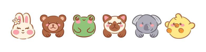 A set of adorable illustrations featuring cute animal faces including a bunny, bear, kitten, frog, koala and chick, each featuring unique expressions and colors for a playful, whimsical design. vector