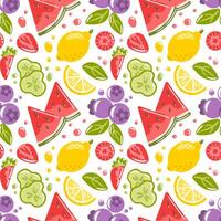 cheerful pattern of colorful fruits, berries and vegetables such as watermelon, lemon, blueberry and cucumber. The refreshing pattern will fill any design with bright and summery energy. vector
