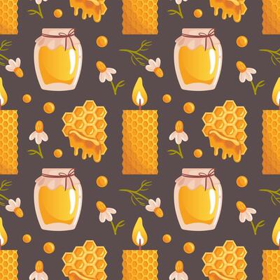 A seamless pattern featuring candles surrounded by honeycomb textures. The design combines warm, inviting colors and intricate details, perfect for holiday themes and cozy atmospheres