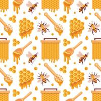 A delightful seamless pattern featuring honeycombs, bees, and honey dippers. This charming design captures the essence of sweetness and nature, perfect for food-themed projects and organic vector