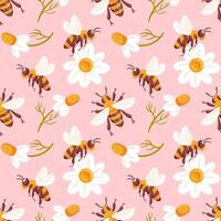 A charming seamless pattern featuring bees and daisies, celebrating nature s beauty. This vibrant design combines playful elements and bright colors, perfect for spring themes and cheerful vector