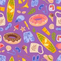 A Seamless pattern featuring summer related icons such as swimwear, surfboards, sunglasses, hats, slices of watermelon, donut-shaped inflatables, ice cream, starfish, and seashells. vector